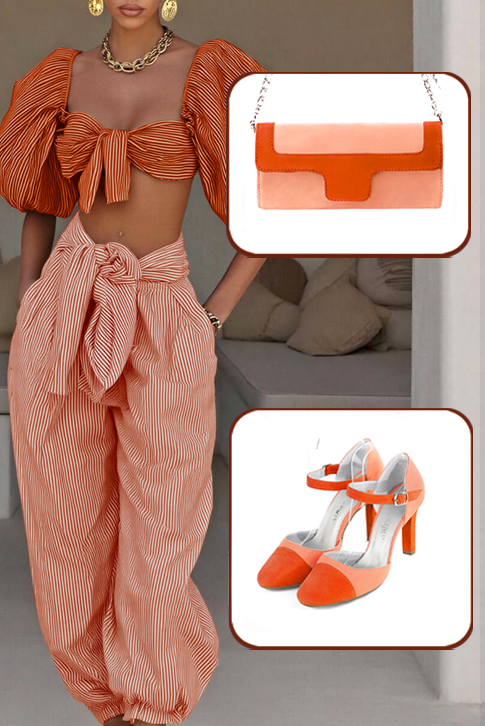 Women's clementine orange and peach elegant closed-back heels, with an instep strap. Round toe. High slim heel - Worn view